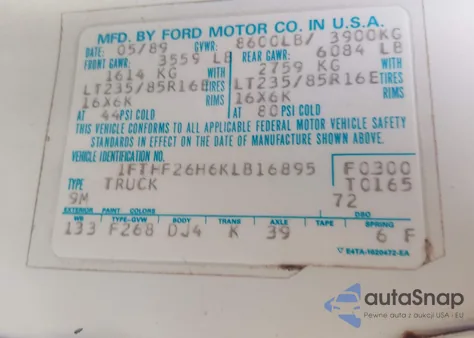 1989 Ford F250 z USA, uszkodzony, nr VIN 1FTHF26H6KLB16895